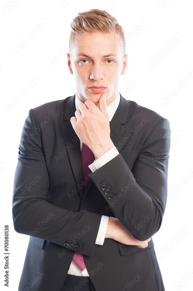 Handsome business man thinking while touching his chin. Handsome business man thinking while touching his chin.
