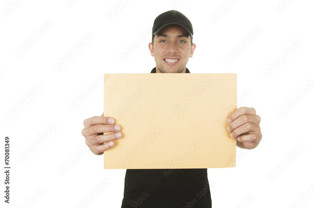 happy friendly confident delivery man holding manila envelope happy friendly confident delivery man holding manila envelope