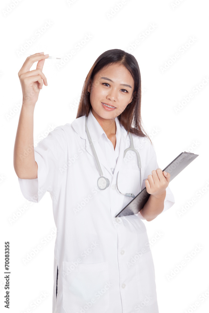 Young Asian female doctor with thermometer and clipboard Young Asian female doctor with thermometer and clipboard