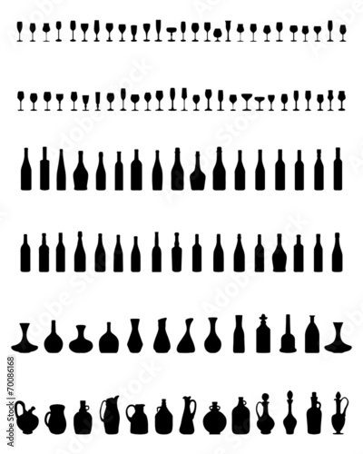 Black silhouettes of pitchers, glasses and bottles, vector