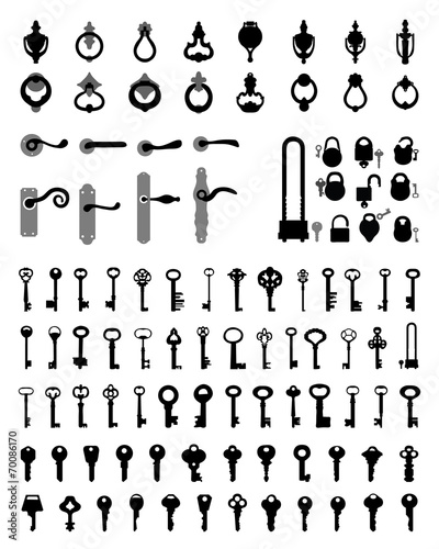 Silhouettes of door handle, knocker, latch, keys and padlocks