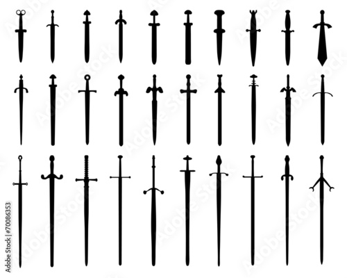 Black silhouettes of swords on a white background, vector