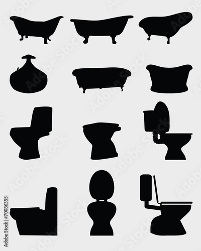 Silhouettes of toilet bowl and bathtubs, vector