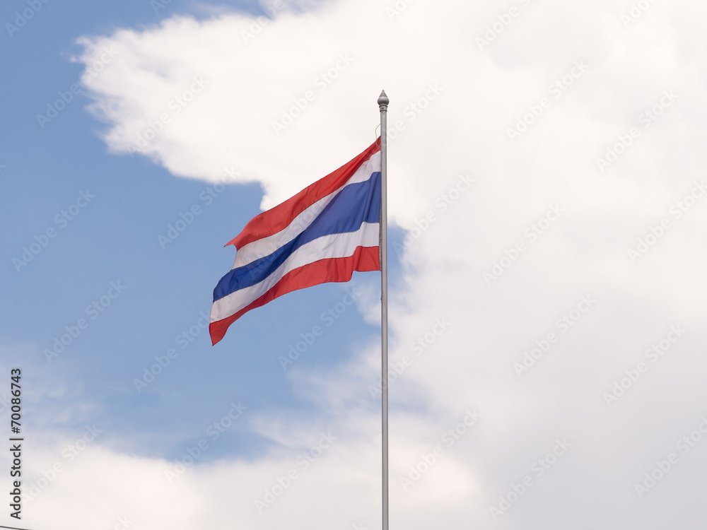 Waving Thai national flag with clouds and blue sky background.