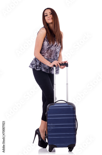 Woman with suitcase in travel concept isolated on white