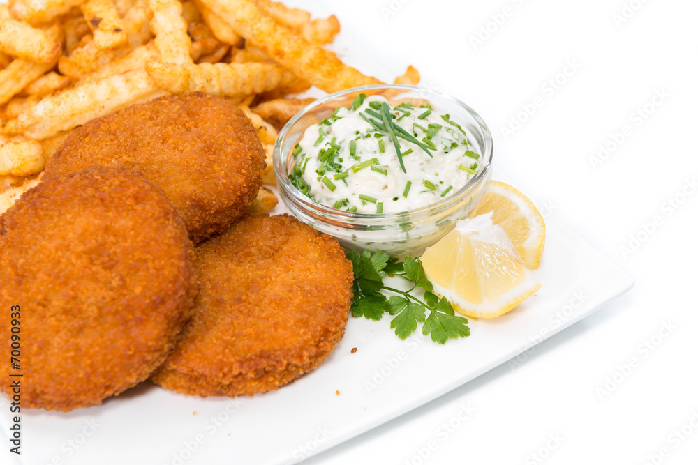Fishburgers with Chips on white background Fishburgers with Chips on white background