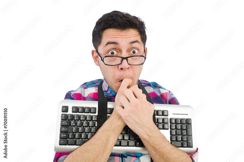 Computer nerd with keyboard isolated on white Computer nerd with keyboard isolated on white