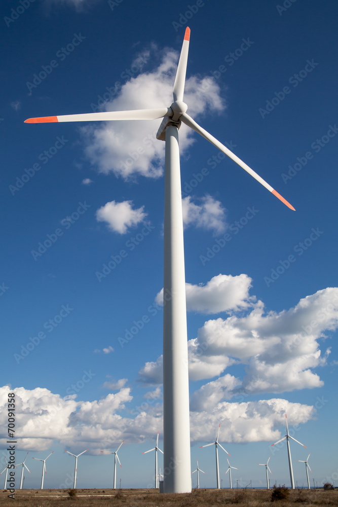 Wind turbine farm over the blue clouded sky Wind turbine farm over the blue clouded sky