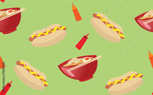 delicious hot dog and ramen noodle seamless pattern