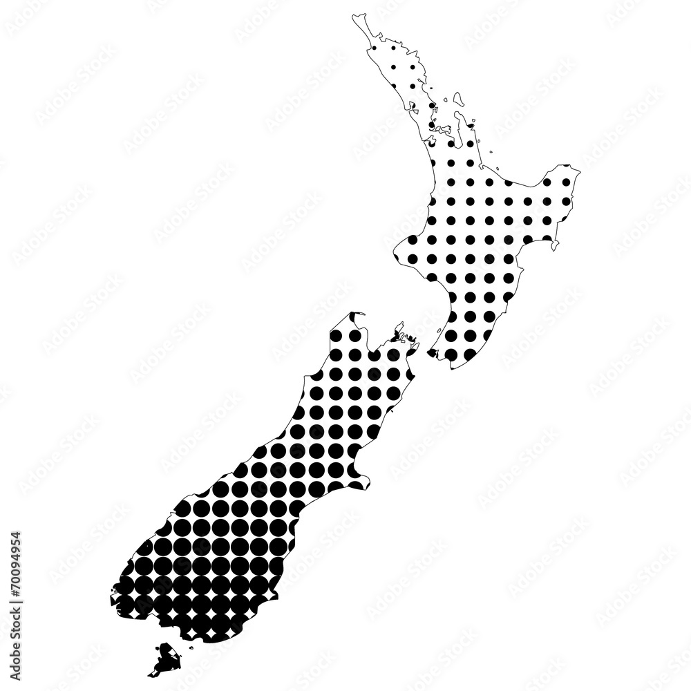 Illustration of map with halftone dots - New Zealand.