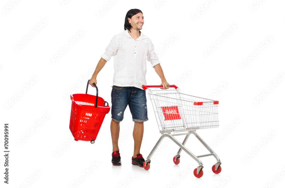 Man shopping with supermarket basket cart isolated on white