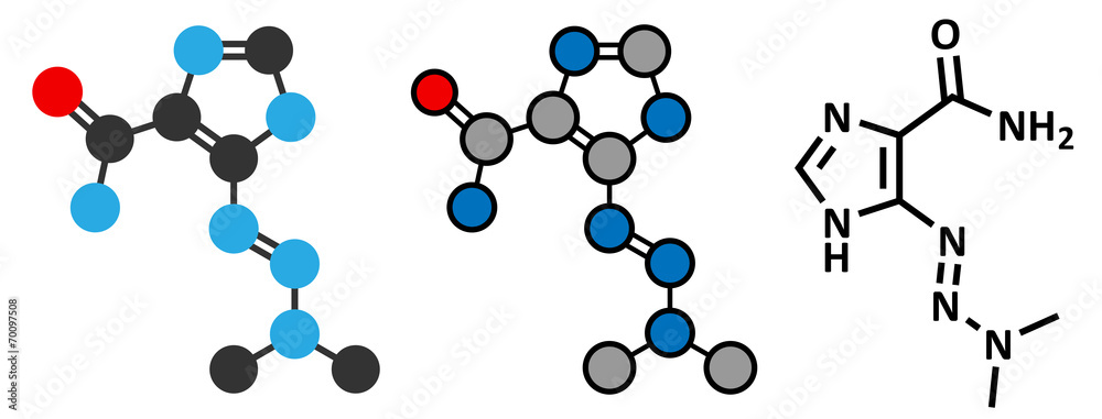 Dacarbazine cancer chemotherapy drug molecule. Dacarbazine cancer chemotherapy drug molecule.