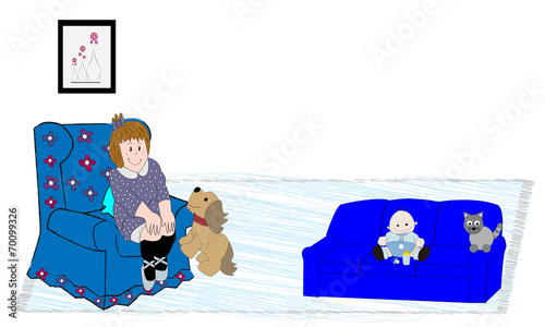 Niña en sillón y bebé con gato en sofá