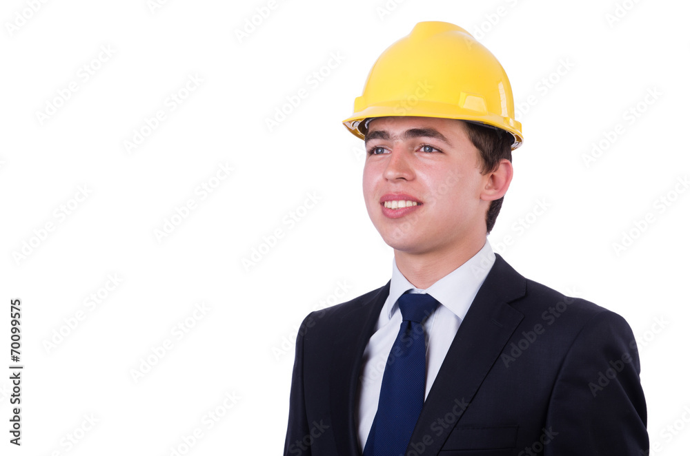 Man wearing hard hat isolated on white Man wearing hard hat isolated on white