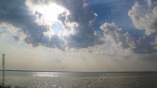 beautiful landscape with clouds and sunlight over lake - timelap photo