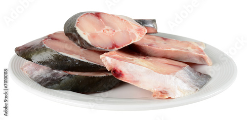 Photography Fresh raw fish on a white plate.