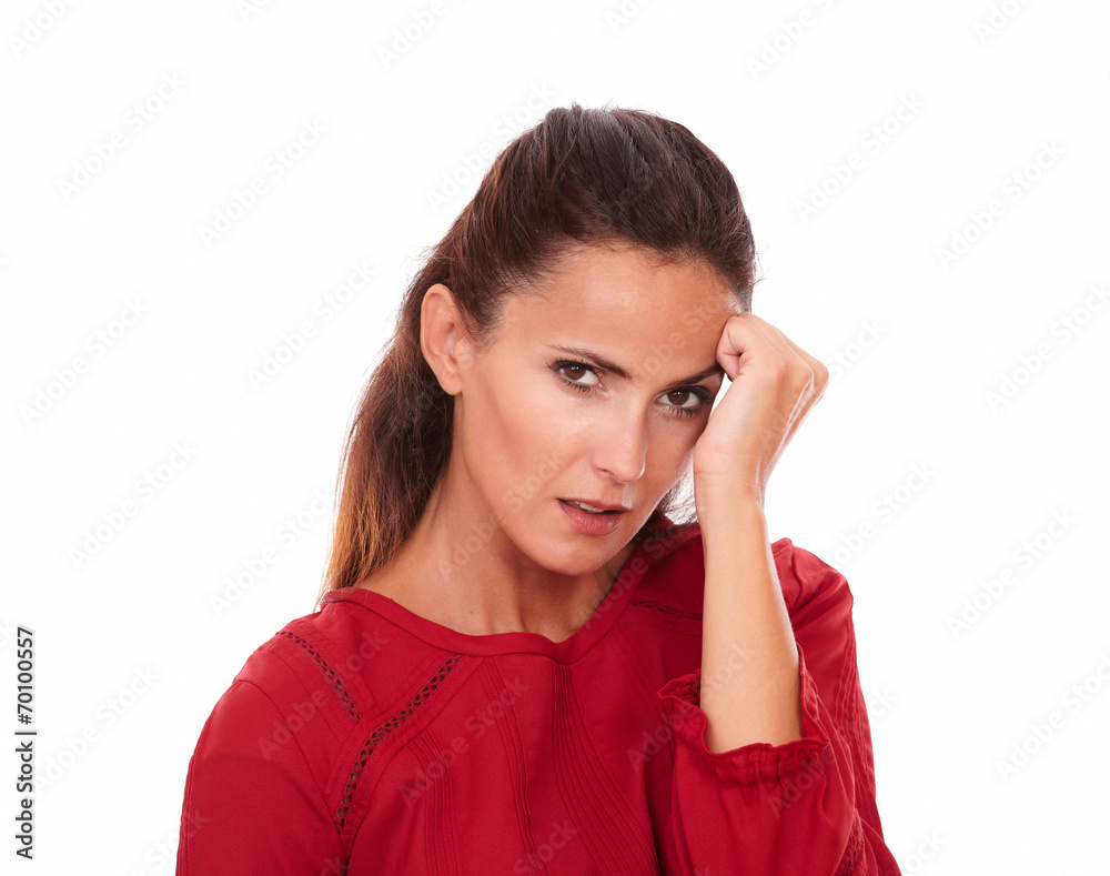 Attractive young lady with headache looking at you Attractive young lady with headache looking at you
