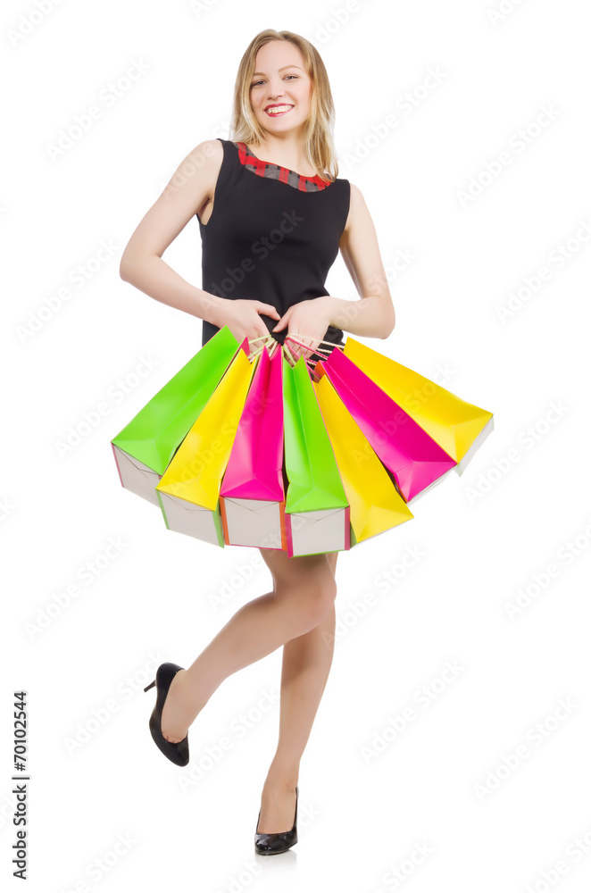 Woman after shopping spree on white Woman after shopping spree on white