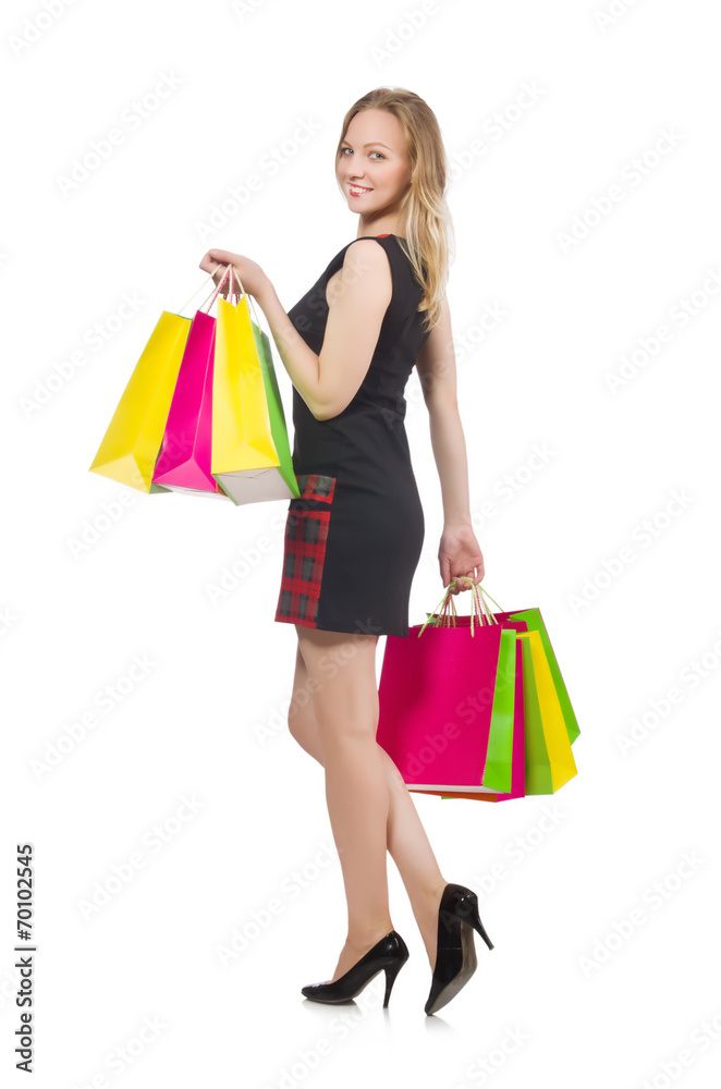 Woman after shopping spree on white Woman after shopping spree on white