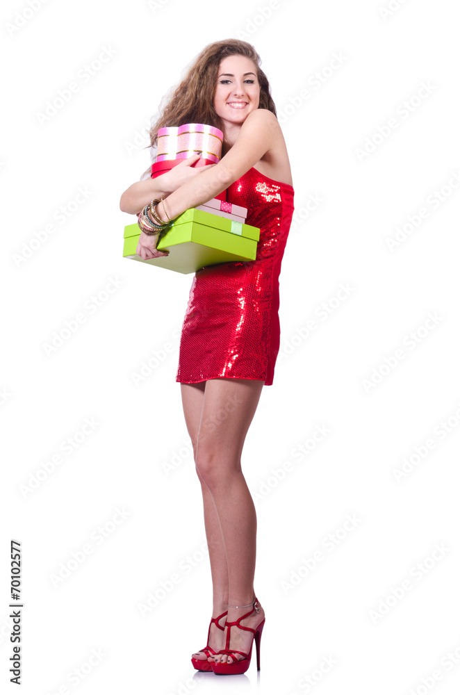 Woman in red dress with christmas gifts Woman in red dress with christmas gifts