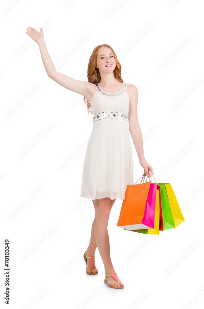 Woman after shopping spree on white Woman after shopping spree on white