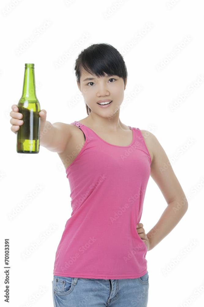 Asian woman enjoying a beer isolated on white Asian woman enjoying a beer isolated on white