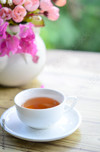 flower in fresh morning with tea