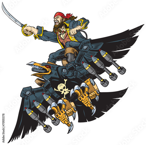Pirate Riding Robot Crow or Raven Vector Cartoon Illustration
