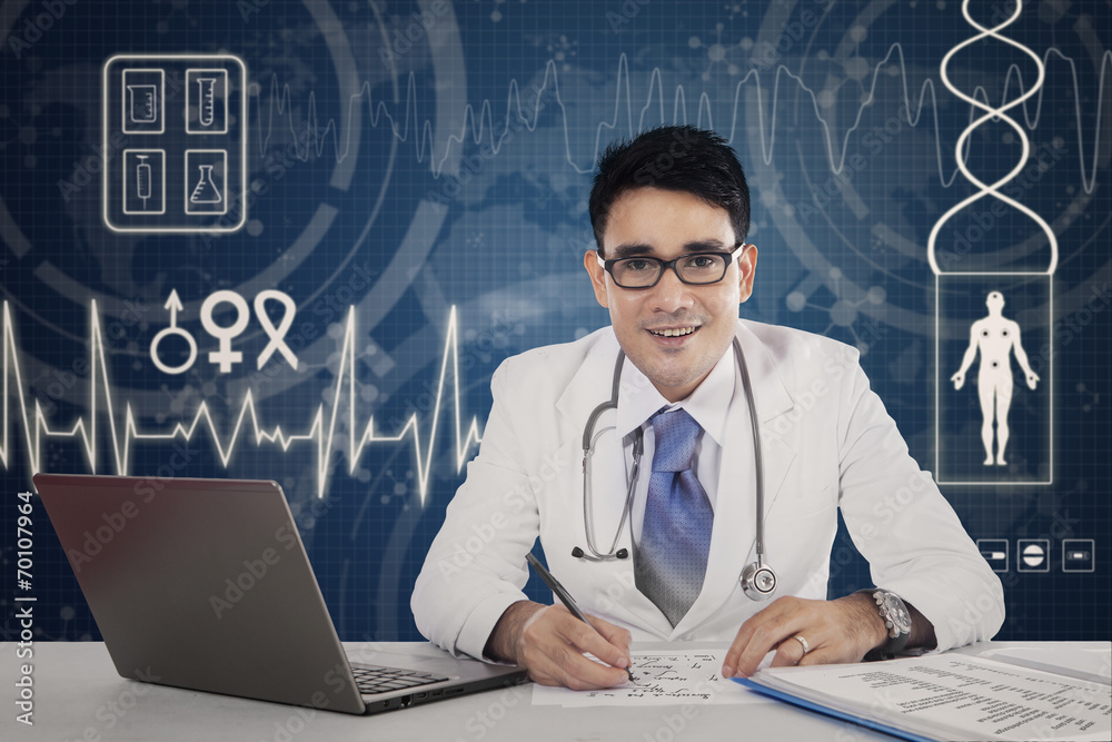 Doctor in hospital with virtual screen Doctor in hospital with virtual screen