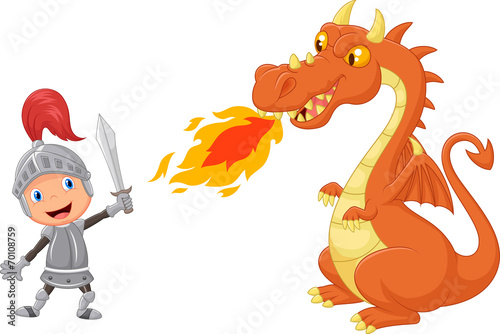 Cartoon knight with fierce dragon