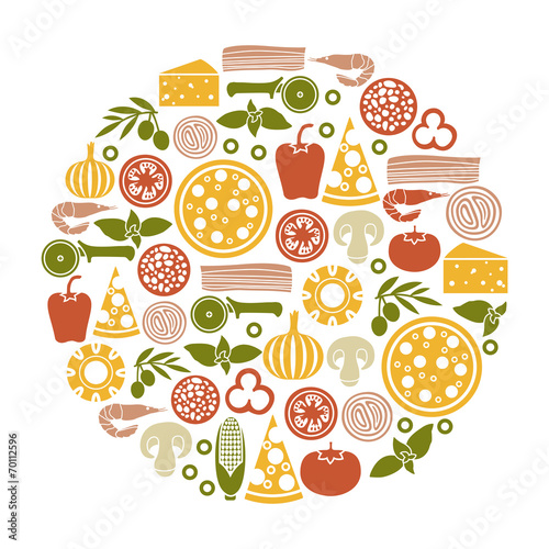 round design element with pizza icons