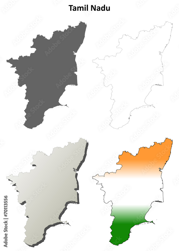 Tamil Nadu blank detailed outline map set