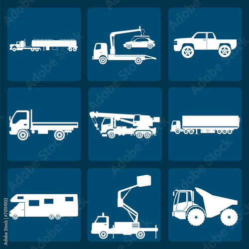 Set of nine icons of trucks