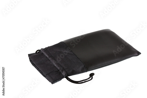 Black leather pouch with cord isolated on white background