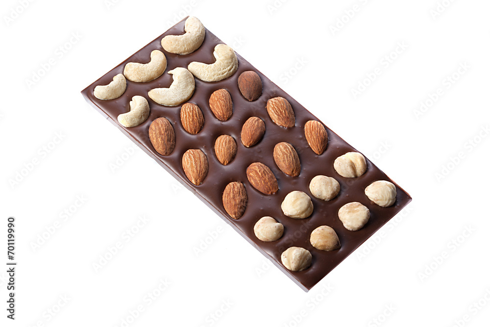Chocolate bar with cashews, hazelnuts, almonds Chocolate bar with cashews, hazelnuts, almonds
