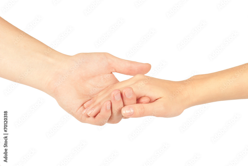 Shaking hands of two people, man and woman, isolated on white.