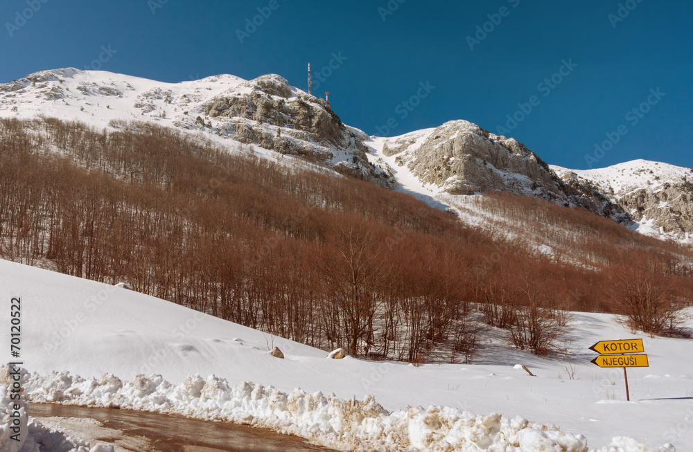 National park Lovcen in winter. Road to Kotor city.Montenegro