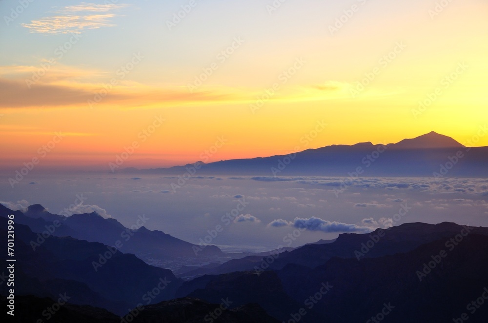 Sunset on Teide peak in Tenerife, from Gran canaria island