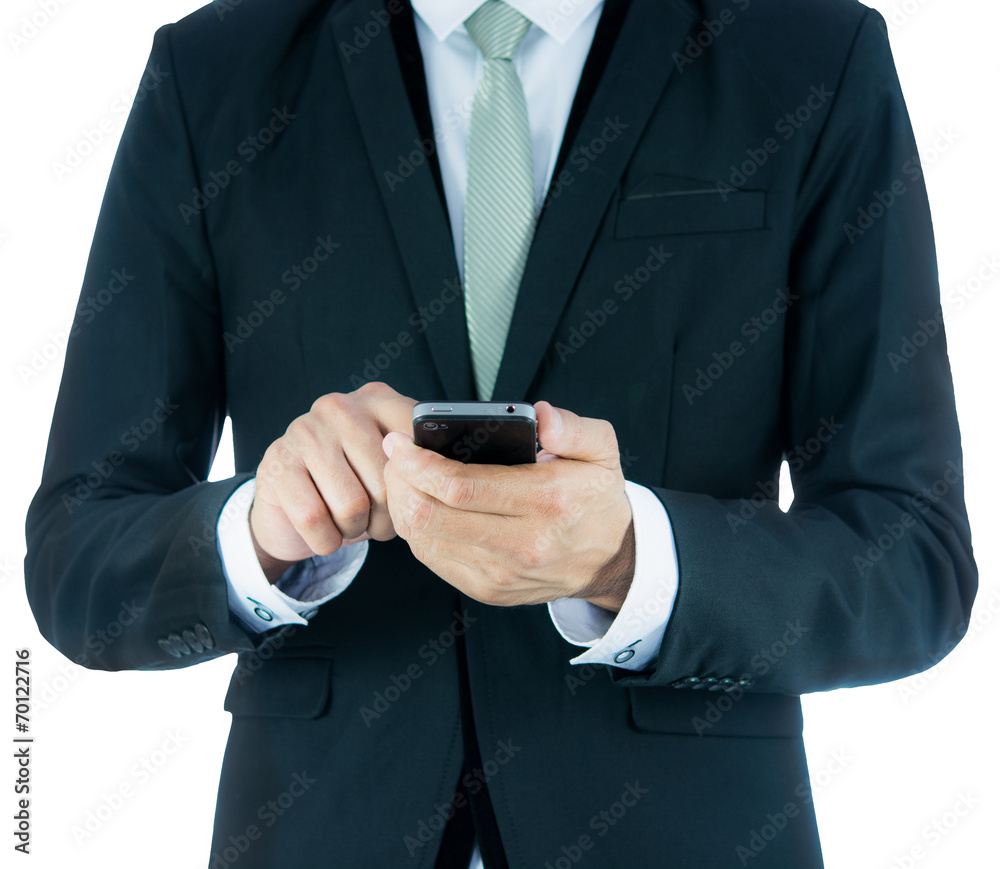 Businessman standing posture hand hold phone isolated Businessman standing posture hand hold phone isolated