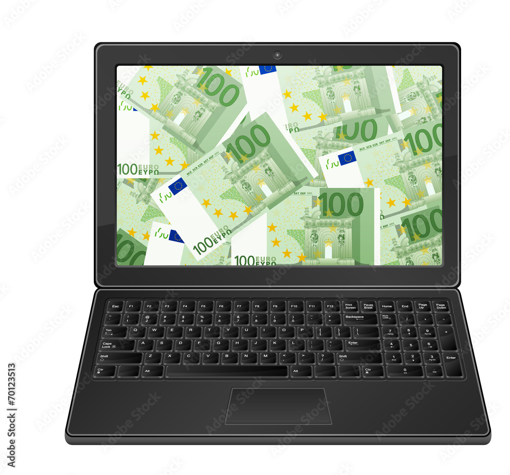 laptop and one hundred euro background