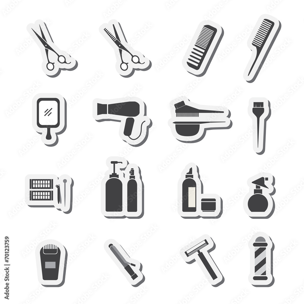 Hairdressing equipment icons Hairdressing equipment icons