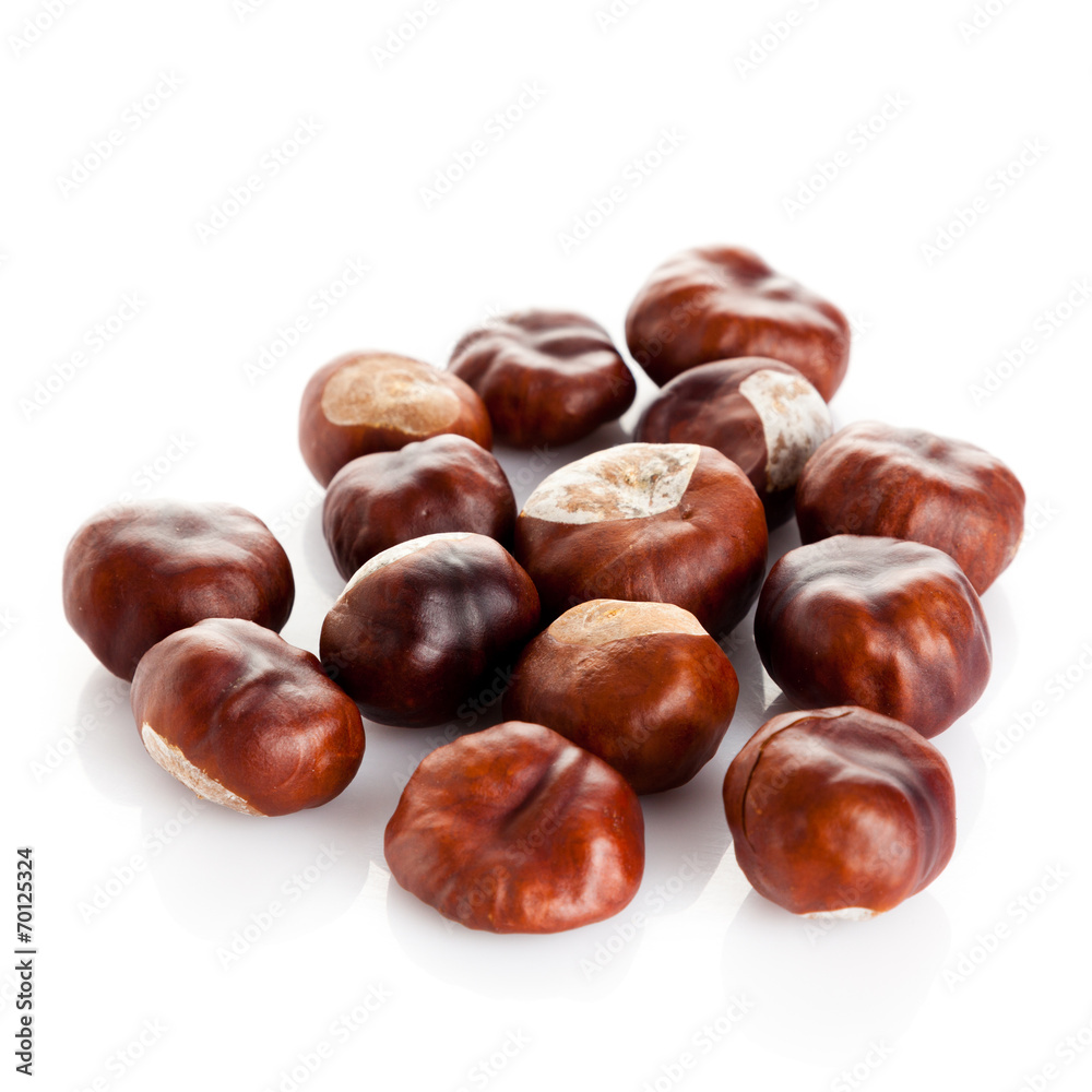 Chestnut on white background. ripe chestnuts Chestnut on white background. ripe chestnuts