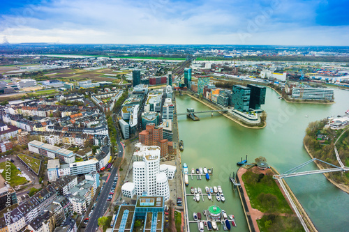 Wide angle picture of river Rhine  Duesseldorf. Seen from the te