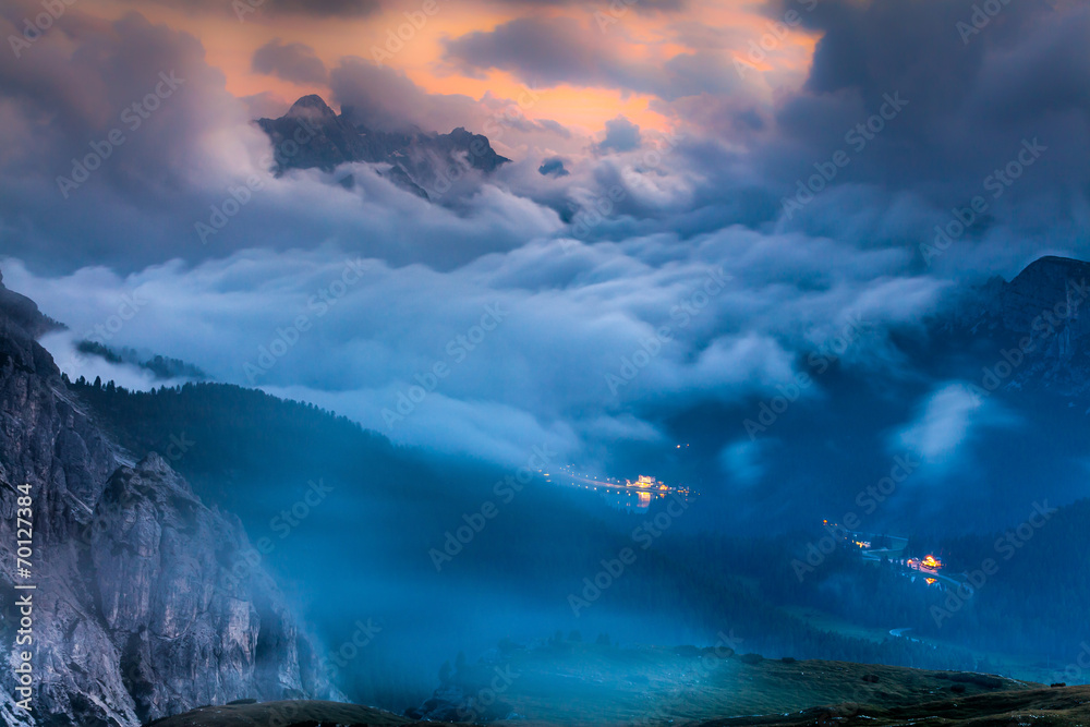 Misuruna lake in the night mist. Italy Alps, Tre Cime Di Lavared
