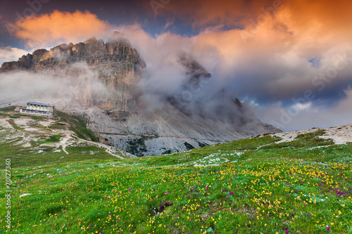 Colorful summer morning in Italy Alps, Tre Cime Di Lavaredo, Dol