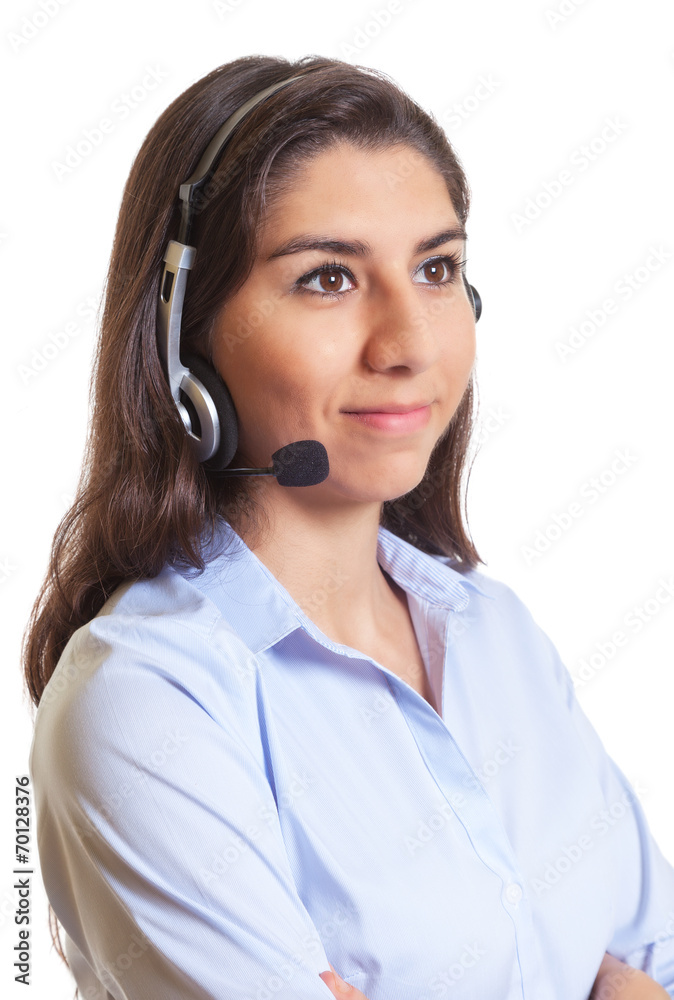 Freundliche Südamerikanerin mit Headset Freundliche Südamerikanerin mit Headset