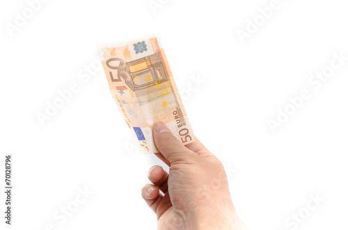 Mans hand holding a 50 euro note