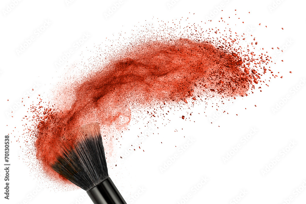 makeup brush with red powder isolated - obrazy, fototapety, plakaty 