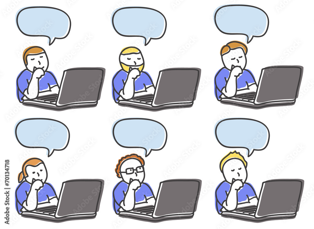 Men work and think on the computer hand drawn Men work and think on the computer hand drawn
