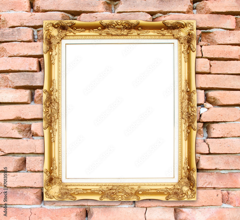 blank golden frame on brick stone wall blank golden frame on brick stone wall